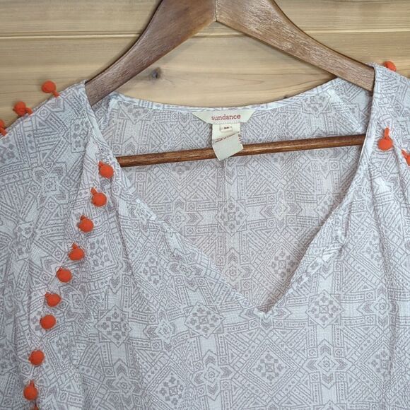 Sundance Top Womens Medium Cream Orange Pompom Printed Cotton Boho - Picture 2 of 10